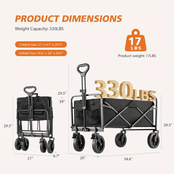 1pc Heavy-Duty Collapsible Utility Wagon Cart - 220LBS Load Capacity, All-Terrain Wheels, Foldable Design, Spacious 30