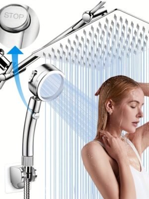 12 Inch High Pressure Rainfall Shower Head Plus - 9 Adjustable Settings, Anti-Leak, Heightu002FAngle Adjustable, Stainless Steel, Wall Mount, Square Shape, Classic Style - Includes 11 Inch Extension Arm, Handheld Shower Combo, and Holderu002FHose