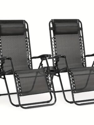 Set Of 2 Zero Gravity Lounge Chairs, Ergonomic Adjustable Lying Angle Sturdy Steel & Mesh Support