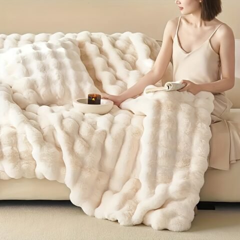 1pc Solid Color Thickened Blanket Warm Faux Rabbit Fur Plush Blanket, Bed Blanket, Office Blanket, Air Conditioning Blanket