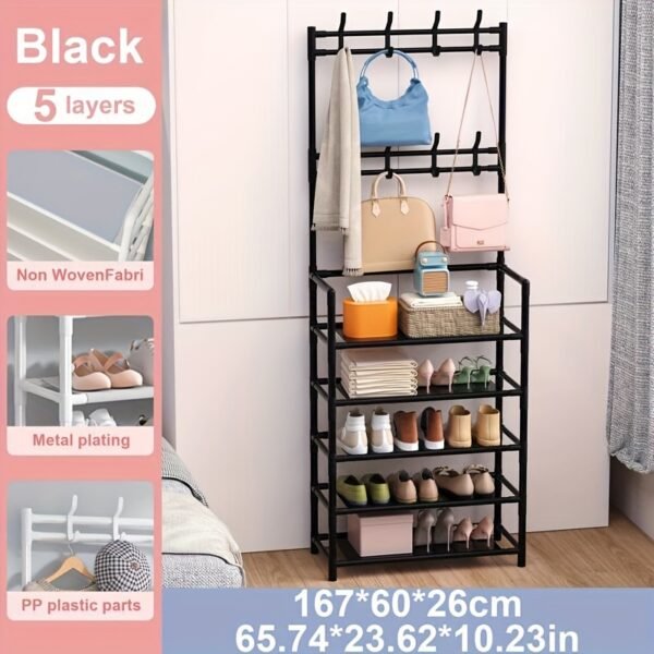 1pc 23in Premium Carbon Steel Coat Rack with 4u002F5 Layers - Multi-Functional Coat Hanger and Shoe Shelf - Self Assembly Required, Black and White Color Options