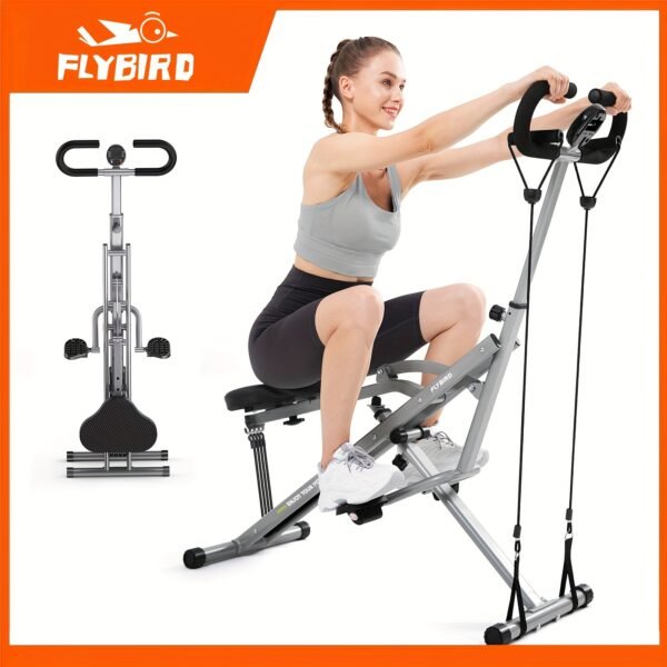 330lbs Heavy-Duty Foldable Squat Machine Plus - 4 Adjustable Resistance Bands, Ride & Rowing Motion for Glutes, Thighs, Ab, Back, and Leg Press, Uncharged, Belt Drive System, Iron Construction